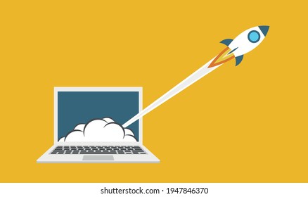 Startup vector concept, flat cartoon rocket launch, idea of successful business project start up, boost technology, innovation. App launch concept