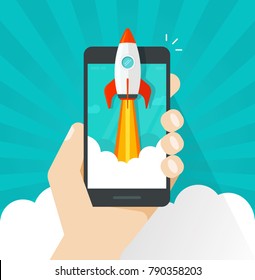 Startup vector concept, flat cartoon rocket or rocketship launch, mobile phone or smartphone, idea of successful business project start up, boost cellphone technology, innovation strategy release