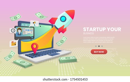 Startup vector concept on laptop delivery service on Website or Mobile Application Vector Concept Marketing and Digital marketing,Hero image for website
