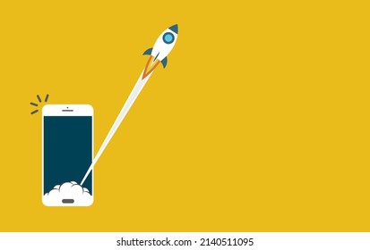Startup vector concept on smartphone, flat cartoon rocket launch, idea of successful business project start up, boost technology, innovation.