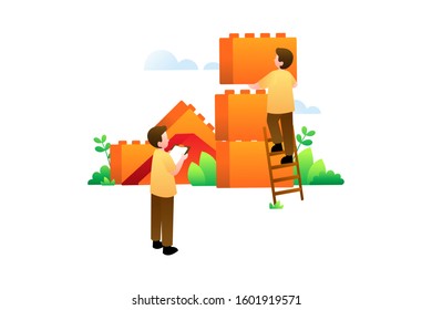 Startup vector. Delivery illustration. Business banner element. 2 Workers are building a building using bricks.