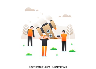 Startup vector. Failed illustration. A group of engineers felt sad and frustrated because his rocket failed to glide and crash into the ground.