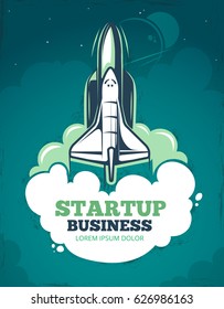 Startup vector grunge vintage 60s poster with rocket, spaceship launch. Business staart up banner, illustration of creative template poster start up rocket