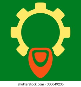 Startup vector icon. Style is bicolor flat symbol, orange and yellow colors, rounded angles, green background.