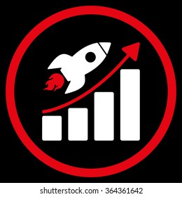 Startup vector icon. Style is bicolor flat circled symbol, red and white colors, rounded angles, black background.