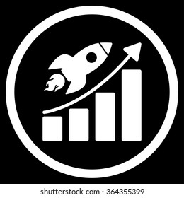 Startup vector icon. Style is flat circled symbol, white color, rounded angles, black background.