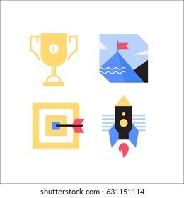 Startup vector icons in flat style. Reward, the pursuit of goals and the achievement of results