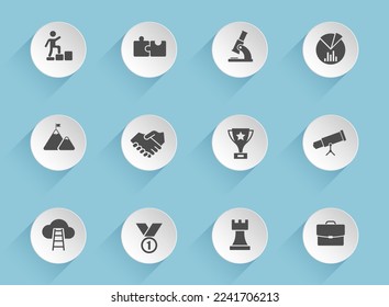 startup vector icons on round puffy paper circles with transparent shadows on blue background. startup stock vector icons for web, mobile and user interface design