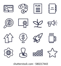 Startup vector icons. Set of 16 Startup outline icons such as businessman, globe in gear, search dollar, rocket, 1 2 3, plan, star, diploma, megaphone, plant, money tree
