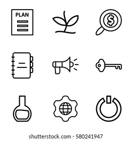 Startup vector icons. Set of 9 Startup outline icons such as switch off, globe in gear, search dollar, test tube, plan, megaphone, plant, key