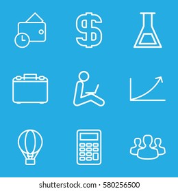 Startup vector icons. Set of 9 Startup outline icons such as wallet, dollar, user group, graph, test tube, case, calculator, man sitting with laptop