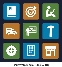 Startup vector icons. Set of 9 Startup filled icons such as target, truck, calendar on phone, man sitting with laptop, teacher, hammer, store