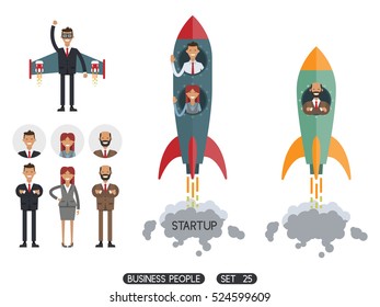 Startup. Vector illustration. Business people set 25. Businessman on a rocket