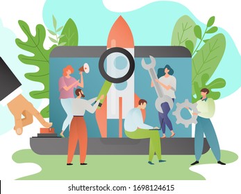 Ilustración vectorial de inicio. Concepto de inicio de negocios. Personas dibujando personajes con amplificador, megáfono, engranaje, cohetes de arranque con llave. Lanzamiento de un nuevo proyecto de innovación creativa. Proceso de trabajo en equipo.