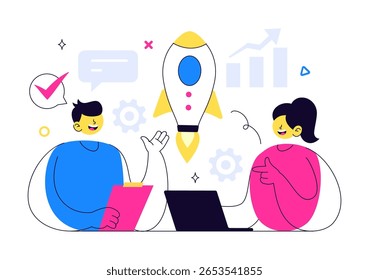 Ilustração do vetor de inicialização Apresentando o alvo do processo de desenvolvimento de negócios, lançamento de produtos inovadores, tiro de seta e realização de metas