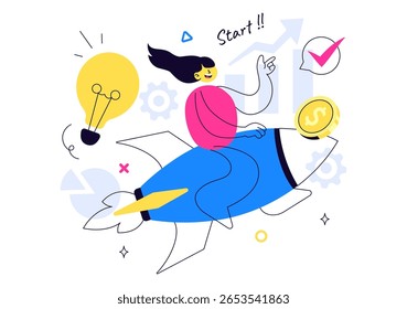 Ilustração do vetor de inicialização Apresentando o alvo do processo de desenvolvimento de negócios, lançamento de produtos inovadores, tiro de seta e realização de metas