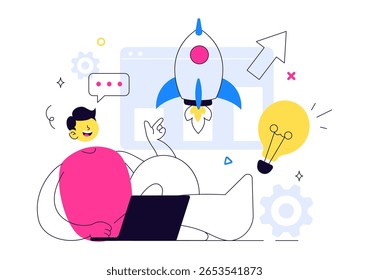 Ilustración vectorial de inicio con el objetivo del proceso de desarrollo empresarial, lanzamiento innovador de Productos, lanzamiento de flechas y logro de objetivos