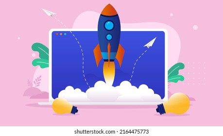 Startup vector illustration - Laptop computer with rocket ship launch. New digital business concept. 