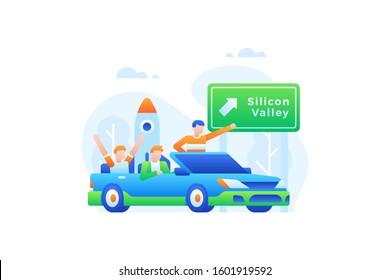 Startup vector illustration. Transportation background. Business trip banner element. A group of startup team drive to Silicon Valley.