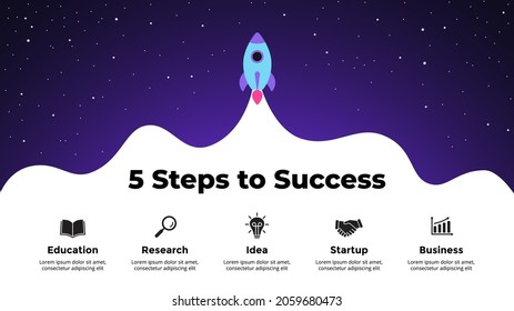 Startup vector Infographic. Rocket launch into space. Presentation slide template. Business success diagram chart. 5 steps parts.