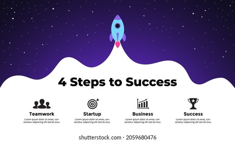 Startup vector Infographic. Rocket launch into space. Presentation slide template. Business success diagram chart. 4 steps parts.