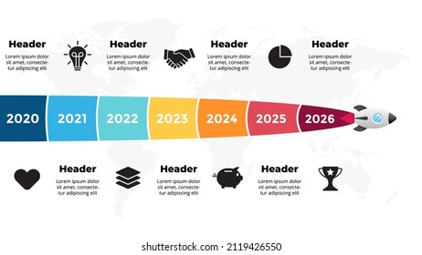 Startup vector infographic. Rocket launch. Presentation slide template. Spaceship fly. Business success diagram chart. Timeline roadmap 7 options, steps. Creative project concept. World map.