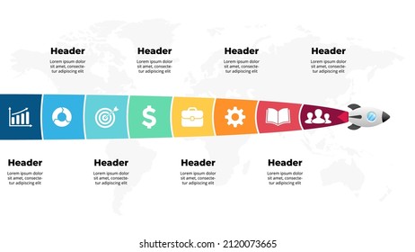 Startup Vector Infographic. Rocket Launch. Presentation Slide Template. Spaceship Fly. Business Success Diagram Chart. Timeline Roadmap 8 Options, Steps. Creative Project Concept. World Map.