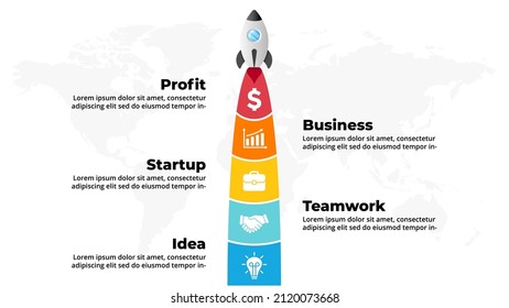 Startup vector infographic. Rocket launch. Presentation slide template. Spaceship fly. Business success diagram chart. Timeline roadmap 5 options, steps. Creative project concept. World map.