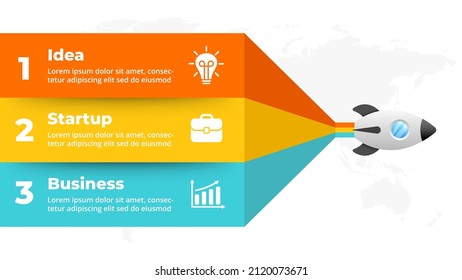 Startup vector infographic. Rocket launch. Presentation slide template. Spaceship fly. Business success diagram chart. Timeline roadmap 3 options, steps. Creative project concept. World map.