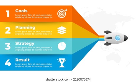 Startup vector infographic. Rocket launch. Presentation slide template. Spaceship fly. Business success diagram chart. Timeline roadmap 4 options, steps. Creative project concept. World map.