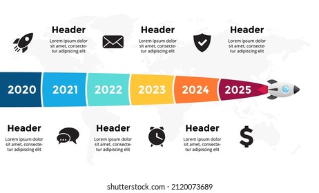 Startup vector infographic. Rocket launch. Presentation slide template. Spaceship fly. Business success diagram chart. Timeline roadmap 6 options, steps. Creative project concept. World map.