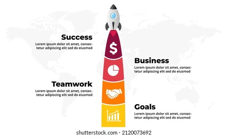 Infografía del vector de inicio. Lanzamiento del cohete. Plantilla de diapositiva de presentación. Mosca de nave espacial. Gráfico de diagrama de éxito empresarial. Opciones de la hoja de ruta de línea de tiempo 4, pasos. Concepto de proyecto creativo. Mapa mundial.