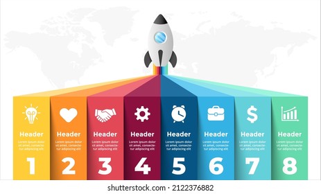 Startup vector infographic. Rocket launch. Presentation slide template. Spaceship fly. Business success diagram chart. Timeline roadmap 8 options, steps. Creative project concept. World map.