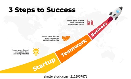 Startup vector infographic. Rocket launch. Presentation slide template. Spaceship fly. Business success diagram chart. Timeline roadmap 3 options, steps. Creative project concept. World map.