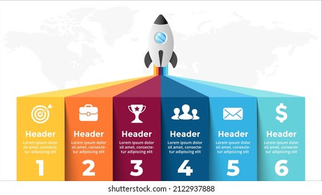 Startup vector infographic. Rocket launch. Presentation slide template. Spaceship fly. Business success diagram chart. Timeline roadmap 6 options, steps. Creative project concept. World map.