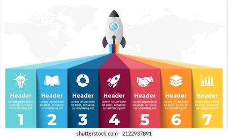 Startup Vector Infographic. Rocket Launch. Presentation Slide Template. Spaceship Fly. Business Success Diagram Chart. Timeline Roadmap 7 Options, Steps. Creative Project Concept. World Map.