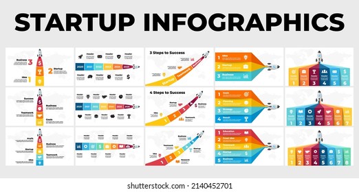 Startup vector infographic. Rocket launch. Presentation slide template. Spaceship fly. Business success diagram chart. Timeline roadmap 3, 4, 5, 6, 7, 8 options, steps. World map.