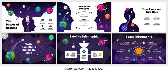 Startup vector Infographic. Rocket launch into space. Human head. Satellite concept. Universe background. Presentation slide template. Business success diagram chart. 