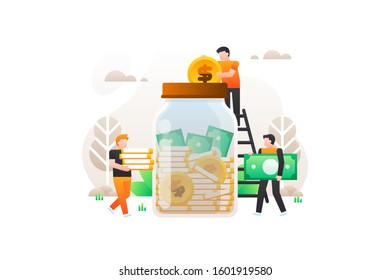 Startup vector. Investment illustration. Saving banner element. A group of young people save and invest cash money into big and transparent jar.