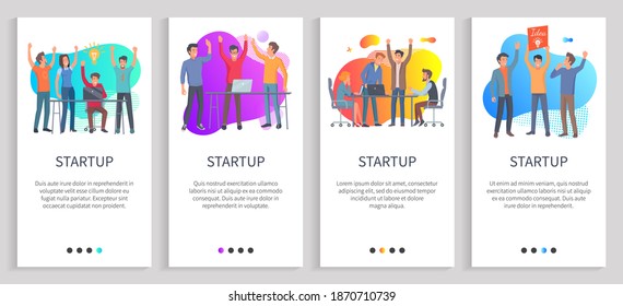 Startup vector, people with plan for business, man holding board sign, meeting of workers brainstorming businessman and woman discussing. Website or slider app, landing page flat style