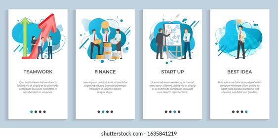 Startup vector, people sharing ideas and thought on business project, teamwork financial profits, presenter with electric bulb, gold money coins. Website or app slider, landing page flat style