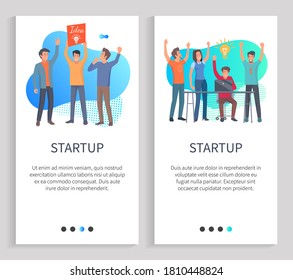 Startup vector, successful teamwork of people working in one sphere, man with great idea, success and achievement of workers with lightbulb. Website or slider app, landing page flat style