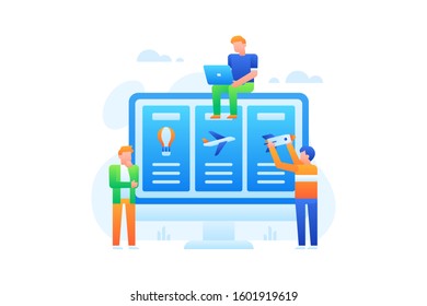 Startup vector. Website illustration. Business banner element. Tiny people is building a website on a computer.