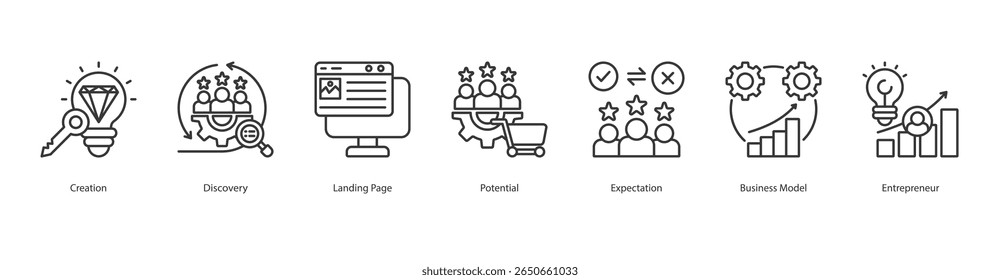 Startup Vision banner web icon set vector illustration concept with icon of creation, discovery, landing page, potential, expectation, business model, entrepreneur