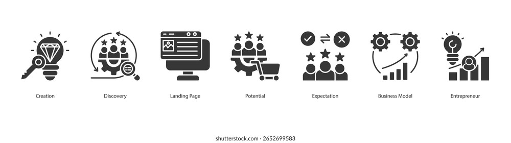 Startup Vision banner web icon set vetor illustration concept with icon of creation, discovery, landing page, potential, expectation, business model, entrepreneur Portal da tecnologia
