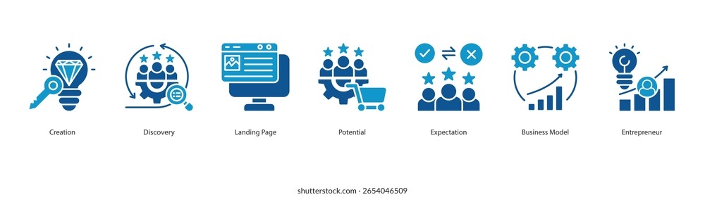 Startup Vision banner web icon set vetor illustration concept with icon of creation, discovery, landing page, potential, expectation, business model, entrepreneur Portal da tecnologia