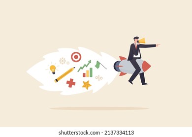 Startup vision or empowerment, leadership to see future vision and start business concept. Startup innovation idea with creative project launch.