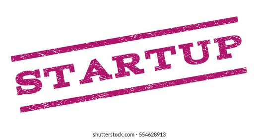 Startup watermark stamp. Text caption between parallel lines with grunge design style. Rubber seal stamp with dust texture. Vector purple color ink imprint on a white background.