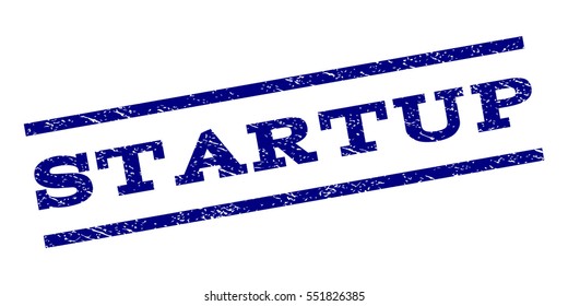 Startup watermark stamp. Text tag between parallel lines with grunge design style. Rubber seal stamp with dust texture. Vector navy blue color ink imprint on a white background.