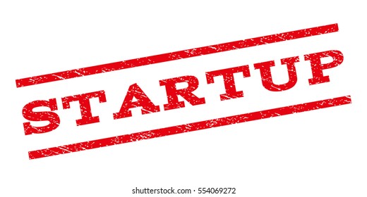 Startup watermark stamp. Text tag between parallel lines with grunge design style. Rubber seal stamp with dirty texture. Vector red color ink imprint on a white background.